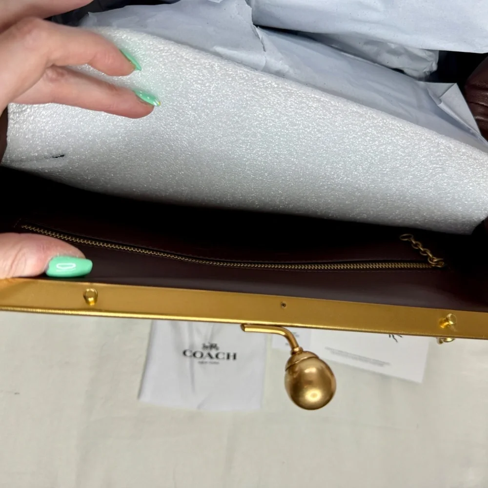 COACH Large Kisslock Frame Bag, Wallet, Bag Chain NEW W/TAGS Dark Brown CBR51 - Picture 2 of 15